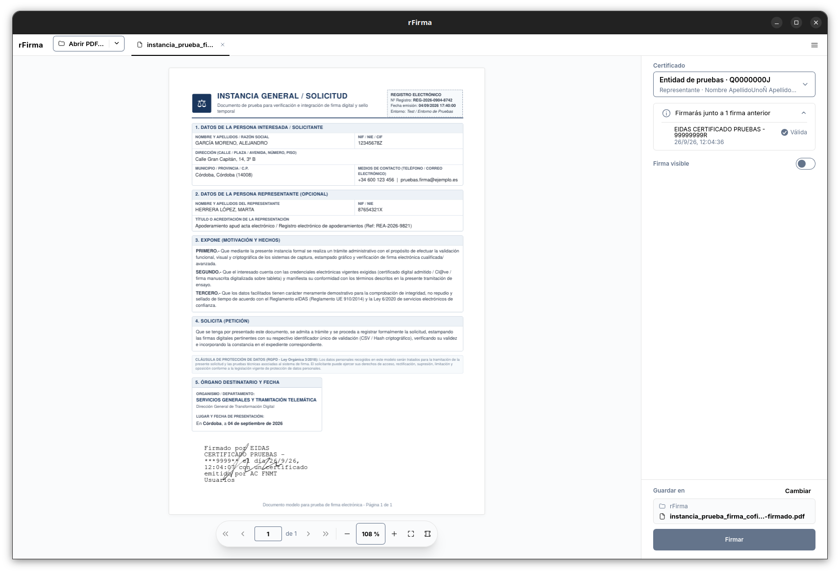 rFirma con un PDF abierto que ya lleva una firma válida