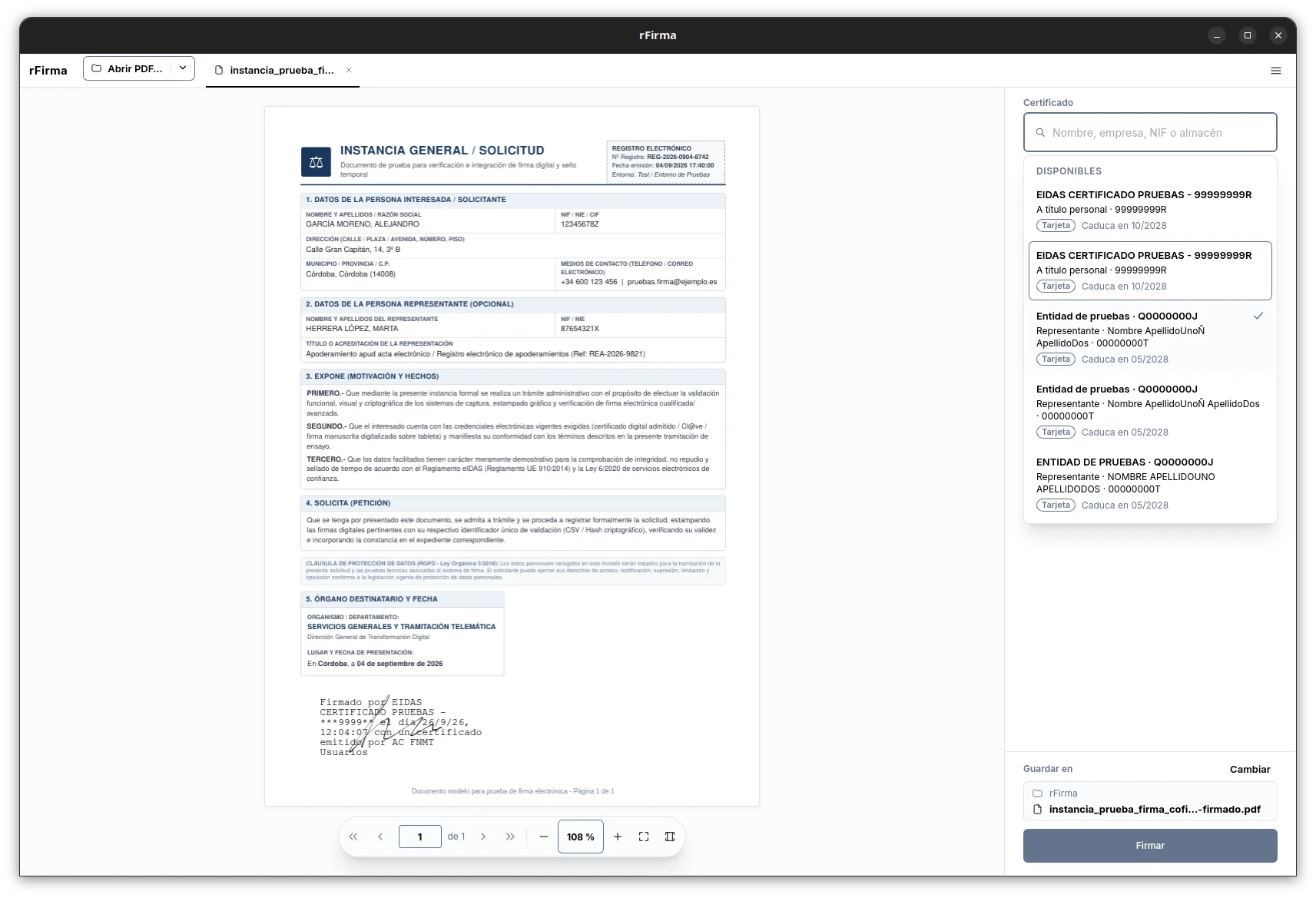 Selector de certificado abierto, con el buscador y los certificados disponibles