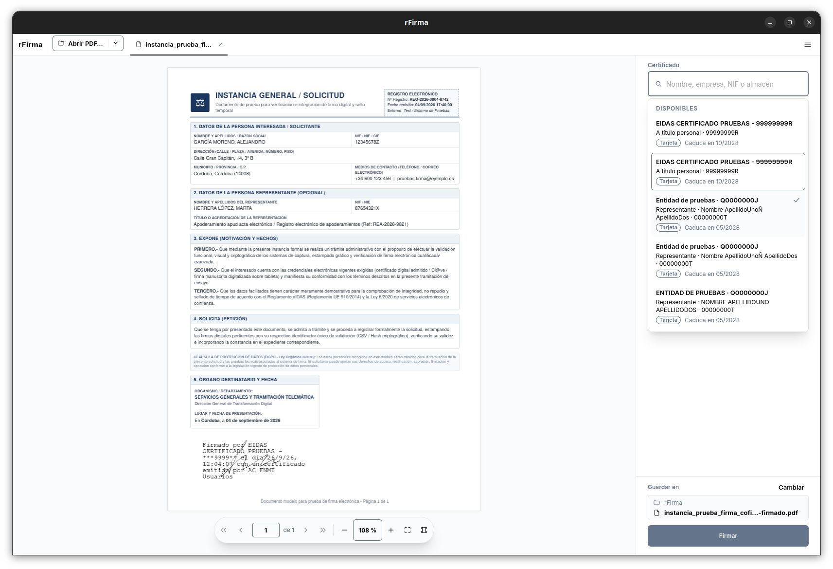 Selector de certificado abierto, con el buscador y los certificados disponibles