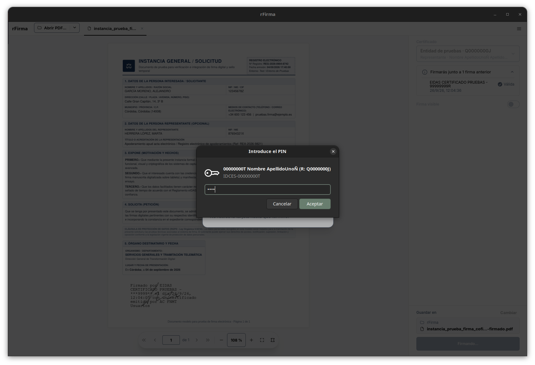 Diálogo nativo para introducir el PIN del certificado