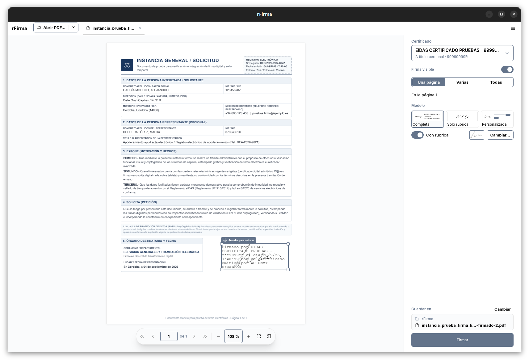 Ventana principal de rFirma: visor del documento, colocación de la firma visible y panel lateral de firma
