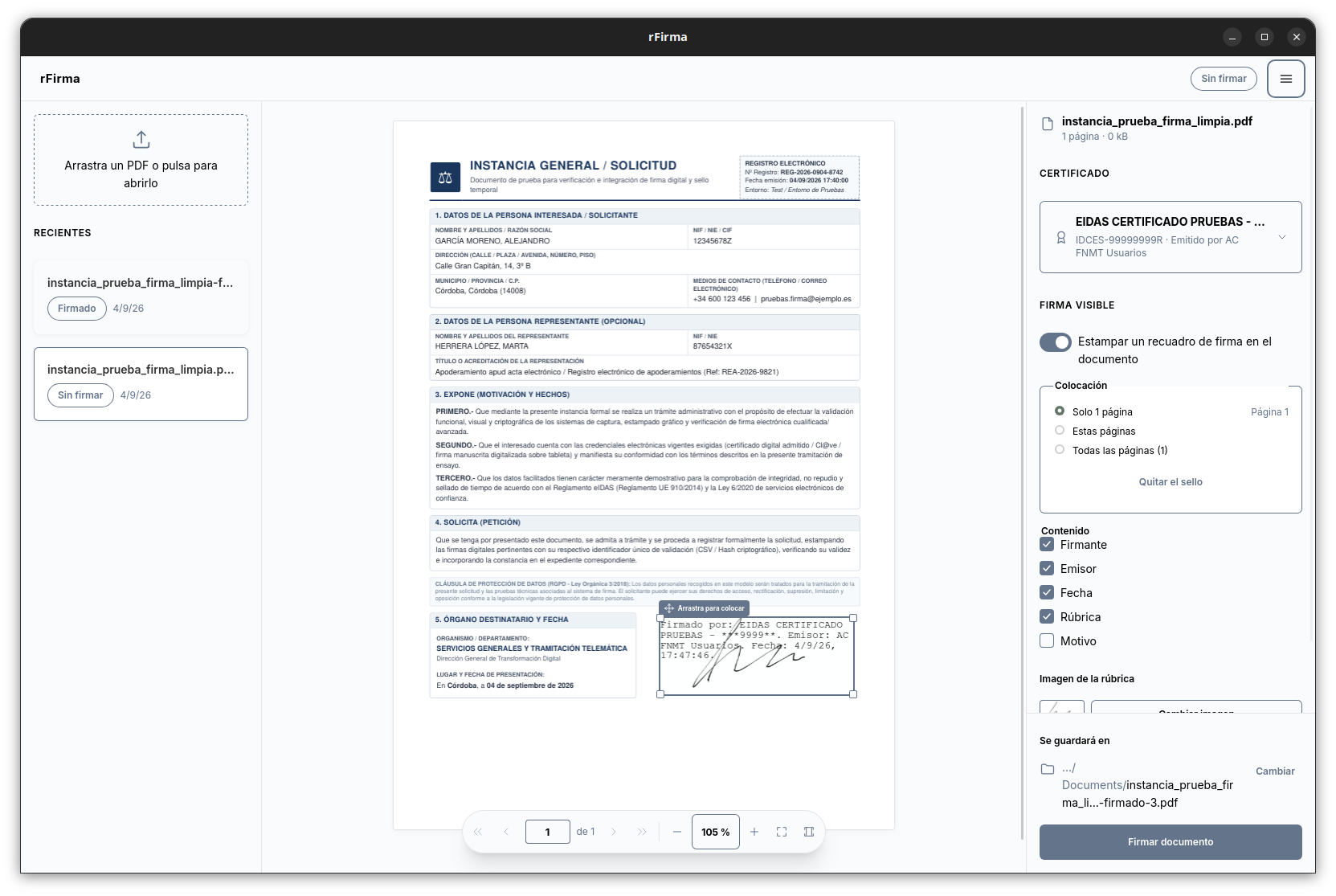 Ventana principal de rFirma con visor de documento, colocación de firma visible y panel lateral de configuración